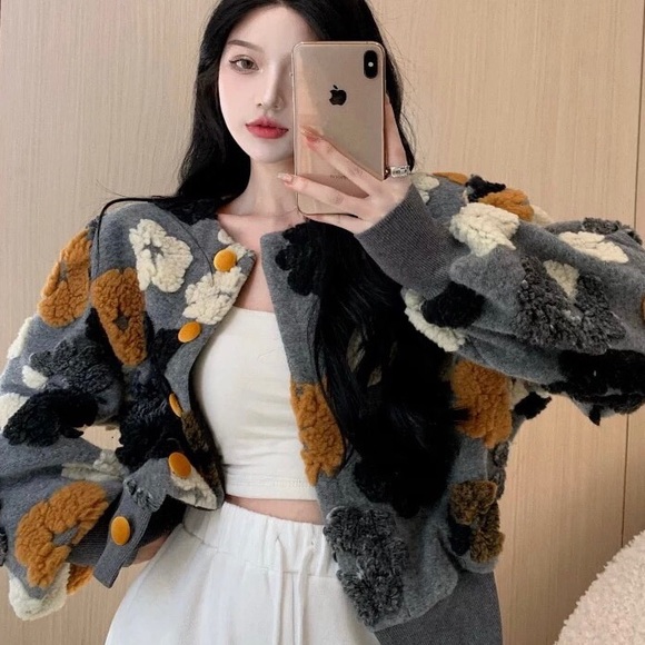Floral jacket puff sleeve gray coat fuzzy 3d flower runway fashion womens bomber - Picture 4 of 5